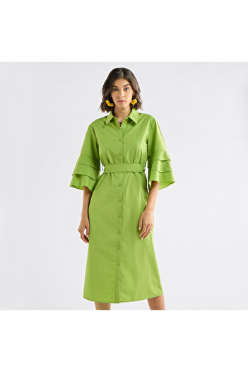 FAV Solid Shirt Dress With Ruffle Sleeves And Belt