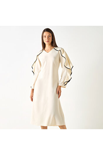 Iconic Solid V-neck Dress With Long Sleeves And Ruffles