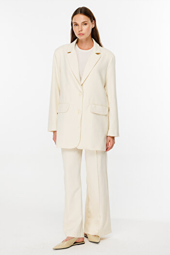 Hooopstore Cream Color Ribbed Crepe Trousers