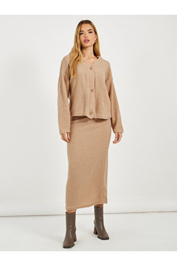 Styli Fur Texture V Neck Top with Buttons & Skirt Co-Ords Set