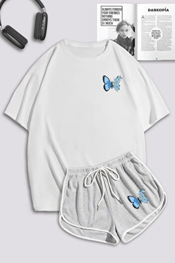 FULL TOLERANCE Yd Design Women's Gray Shorts T-Shirt Butterfly Printed Suit