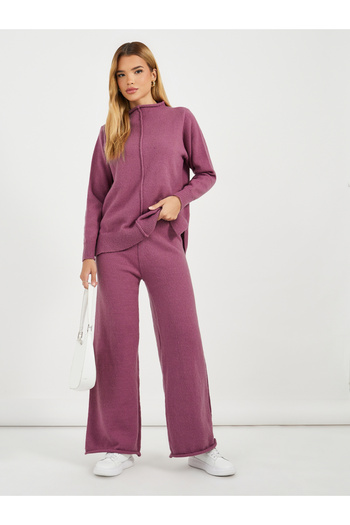 Styli Solid Crew Neck Knit Sweater & Wide Leg Pants Co-Ord Set