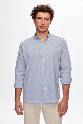 D'S Damat Ds Damat Regular Fit Navy Blue Line Patterned Shirt