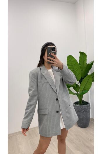 Nazline Women's Striped Double Button Flap Pocket Wide Fit Blezer Jacket