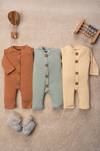 Mai Perla Organik Kumaş Tahta Düğmeli Tek Boy Tulum Unisex 3 Parça Bebek Takımı