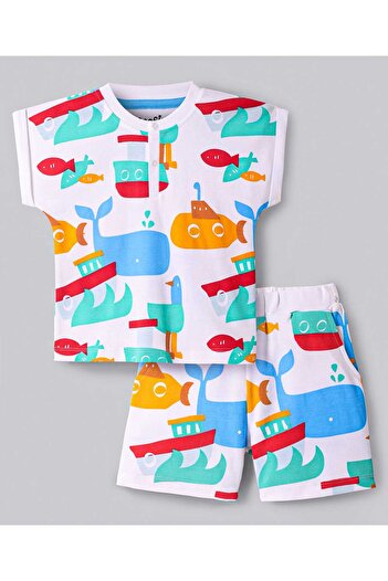 Bonfino Cotton All Over Printed Half Sleeve Henley T-Shirt & Shorts Co-ord Set - White
