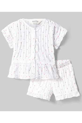 Bonfino Cotton All Over Polka Dot Printed Top & Shorts Co-ords Set - White