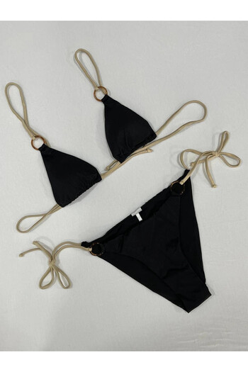 hazelin Women's Black Ring Detailed Rope Laced Lined Bikini Suit Hzl25S-Ar1617