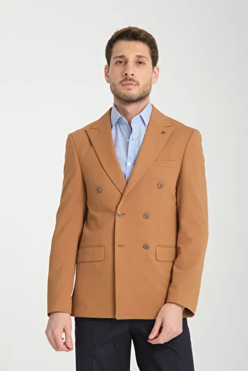 Frappoli Baselna Krv Men's Mustard Double Breasted 6 Pieces Metal Buttoned 4 Season Blazer Jacket