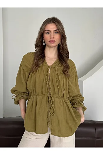 Laluvia Khaki 100% Cotton Elastic Sleeves Muslin Shirt - 5259