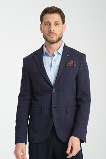 Frappoli Ανδρικό Diegos Navy Blue καρό Slim Fit Mono Collar Sports Blazer