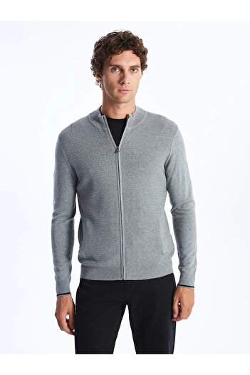 LC Waikiki Lcwaikiki Classic Gray Standard Fit Stand Collar Men's Knitwear Cardigan