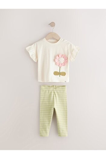 Next Baby Cotton Cream Short Sleeve Floral Patterned 3-Piece Bottom and Top Set