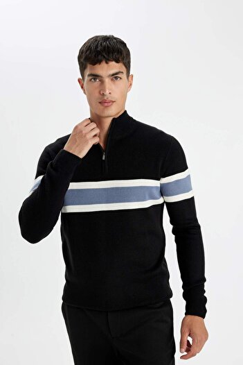 DeFacto Regular Fit Half-Zip Striped High Neck Knit Sweater