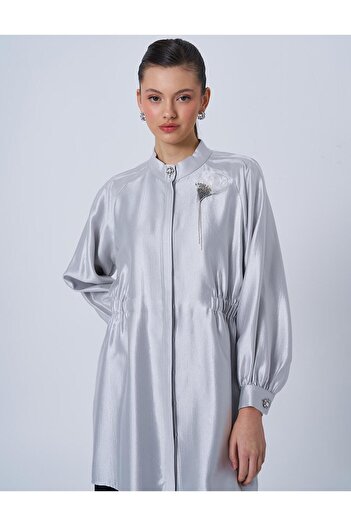 Kayra Satin Tunic with Gray Brooch Detail