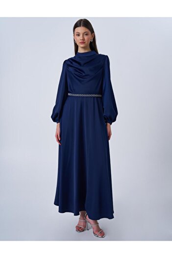 Kayra Flounce Collar Satin Dress Navy Blue