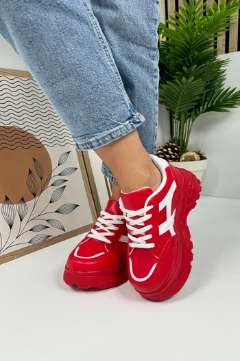 Nstil Red and White Tiger Stripe Comfortable Sneaker - Thick High Sole, Lace-Up 032