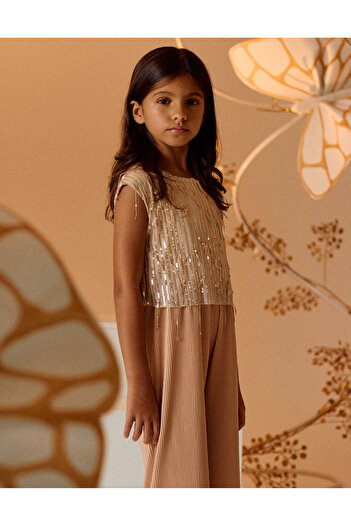 Ziddy Pleated Jumpsuit with Sequins for Girls, Beige/Gold