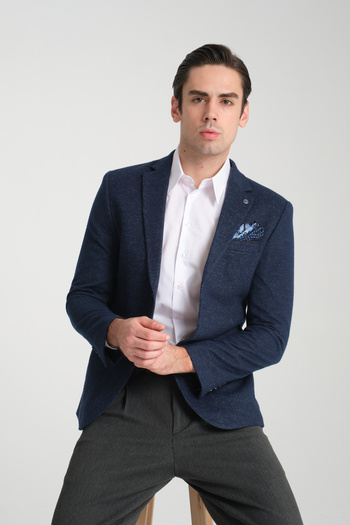 Frappoli Kasetti Men's Navy Blue Flexible Fabric Slim Fit Mono Collar Sports Blazer Jacket