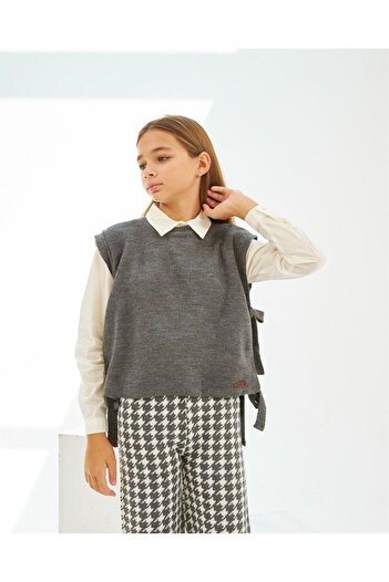 Hilal Akıncı Kids Girl's Knitwear Sweater White Shirt Houndstooth Model Trousers 3 Piece Set