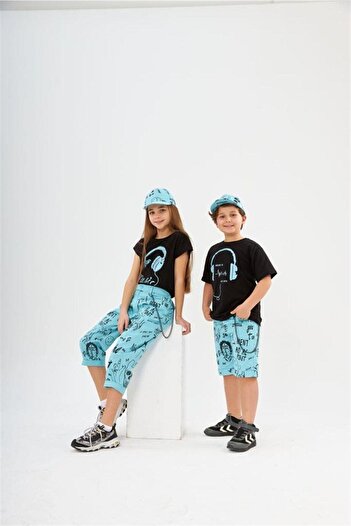 Hilal Akıncı Kids Boy's Headphones Printed Black T-Shirt with Chain Lettering Denim Shorts