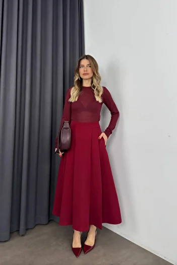 Sue Store Burgundy Pleated Bell Model Balloon Skirt