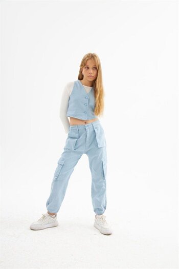 Hilal Akıncı Kids Girl's Jeans Vest White Body Cargo Pocket Trousers 3-Piece Set
