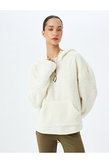 Koton Peluş Sweatshirt Kapüşonlu Yarım Fermuarlı Cep Detaylı