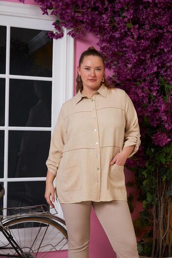 RMG Large Size Mink Shirt with Sleeve and Crochet Detail