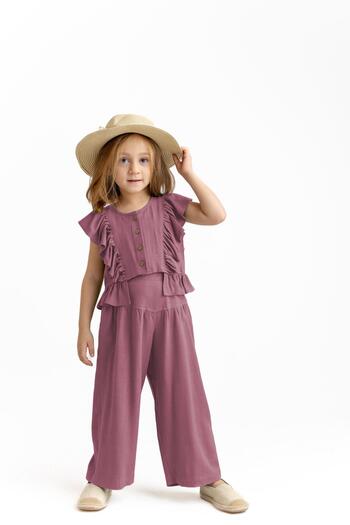 Oliven The Kid Gathered Linen Girl's Trousers with Corsage Plum