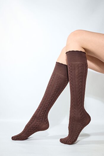 Daymod Women's Brown Dafne Soft 200 Denier Thick Winter Viscose Patterned Knee-High Socks