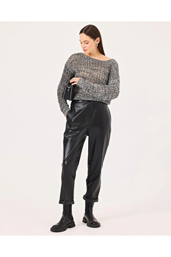 SEÇİL Elastic Waist Carrot Cut Faux Leather Pants
