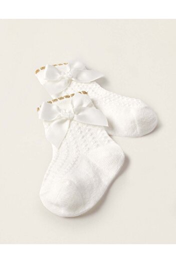 Ziddy Textured Socks with Bow for Baby Girls, White/Gold