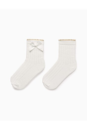 Ziddy Textured Socks with Bow for Girls, White/Gold