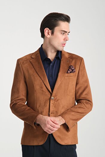 Frappoli Modern Suede Men's Blazer Mono Collar Slim Fit Jacket