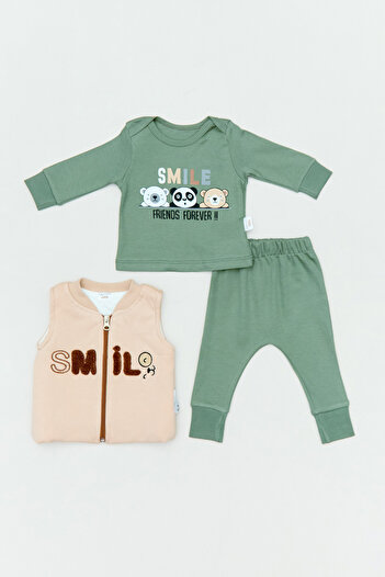 Fulla Moda %100 Pamuk Smile Nakışlı 3 Lü  Unisex Çocuk Takım