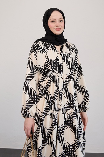 InStyle Striped Square Patterned Ecru Dress