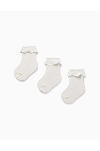 Ziddy Pack of 3 Pairs of Socks with Broderie Anglaise for Baby Girls, White