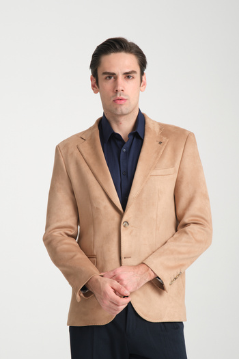 Frappoli Bernando Men's Beige Suede Summer-Winter 4 Seasons Slim Fit Sports Blazer Jacket