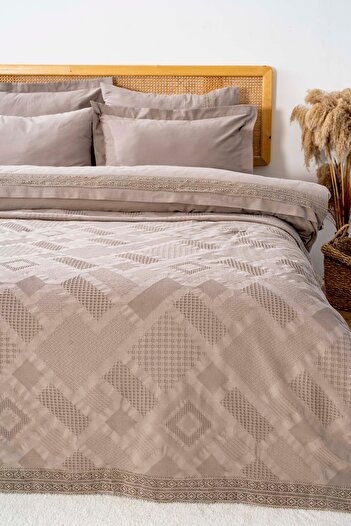 Rivaİstanbul Freya Mink Laced 100% Cotton Double Duvet Cover Pique Set - 7 Piece Dowry Set