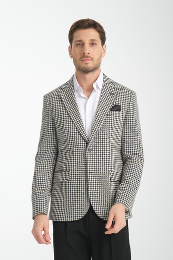 Frappoli Siyah Kazayağı Desenli Erkek 360 Her Yöne Esneyen Slim Fit Kesim Mono Yaka Basic Blazer Ceket