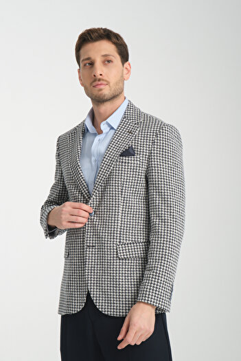 Frappoli Remos Men's Navy Blue Houndstooth Patterned Stretching Fabric Mono Collar Sports Blazer Jacket