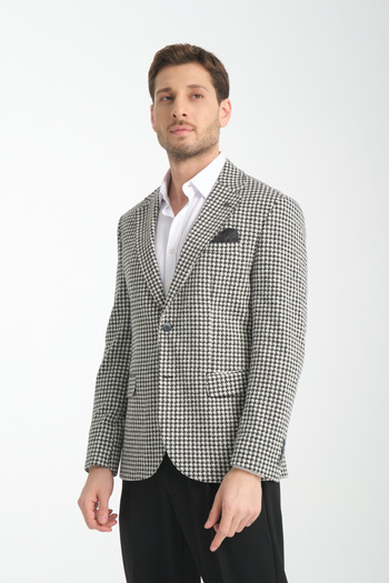 Frappoli Siyah Kazayağı Desenli Erkek 360 Her Yöne Esneyen Slim Fit Kesim Mono Yaka Basic Blazer Ceket