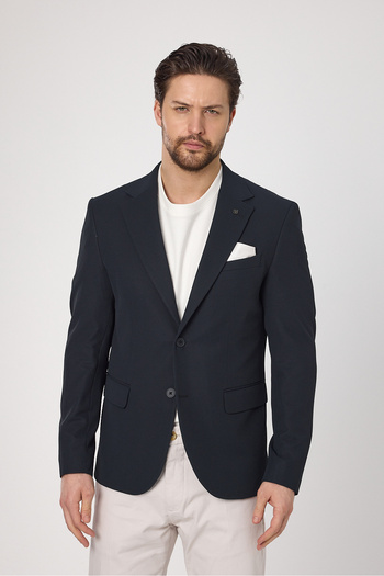 Frappoli Waffle Men's Dark Navy Waffle Pattern Cotton Blended Lycra Stretchy Fabric Four Seasons Blazer Jacket