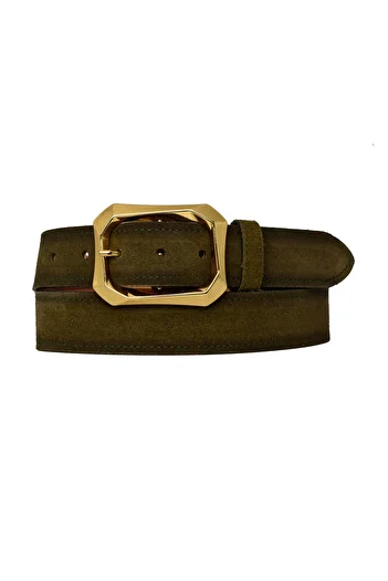 GoDeri 100% Genuine Leather, Green Military Belt with Gold Buckle, 4 cm