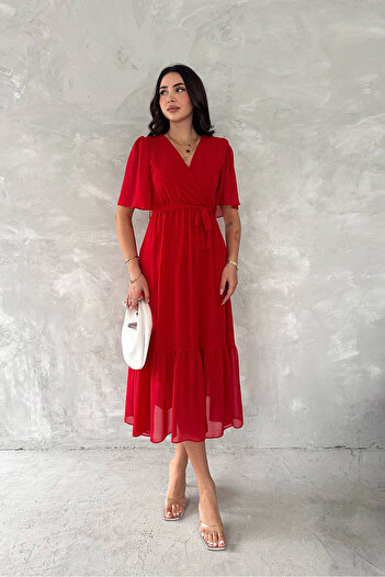 Neşeli Butik Women's Double Breasted Neckline Sash Chiffon Dress Nbk4115