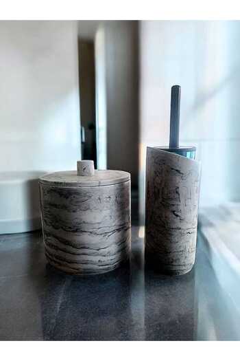 Trust Stone Marble Patterned Anthracite Concrete Trash Can and Brush Holder Set, Accessory, Decoration