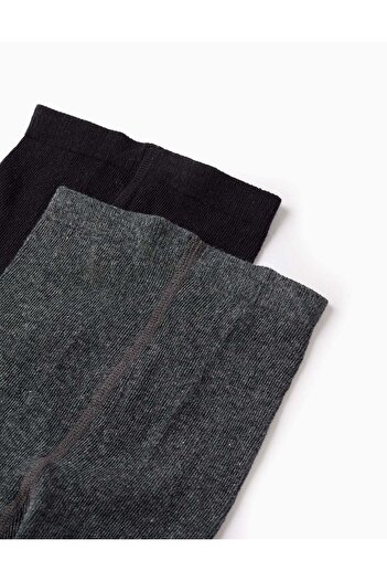 Ziddy Pack of 2 Tights Plain/Rhombus for Girls, Grey/Black