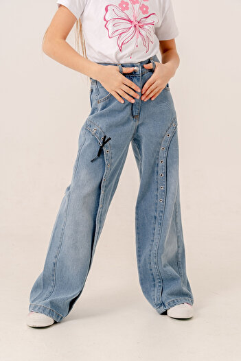 GİYİCEM TEKSTİL Girl's Front Eyelet Jeans Trousers 2182