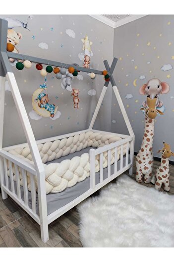 meleginisiklitoplari 600 cm 4-Piece Knitted Protection Model New Generation Plush Fabric (100X200 Montessori Bed with Door Gap Closed)